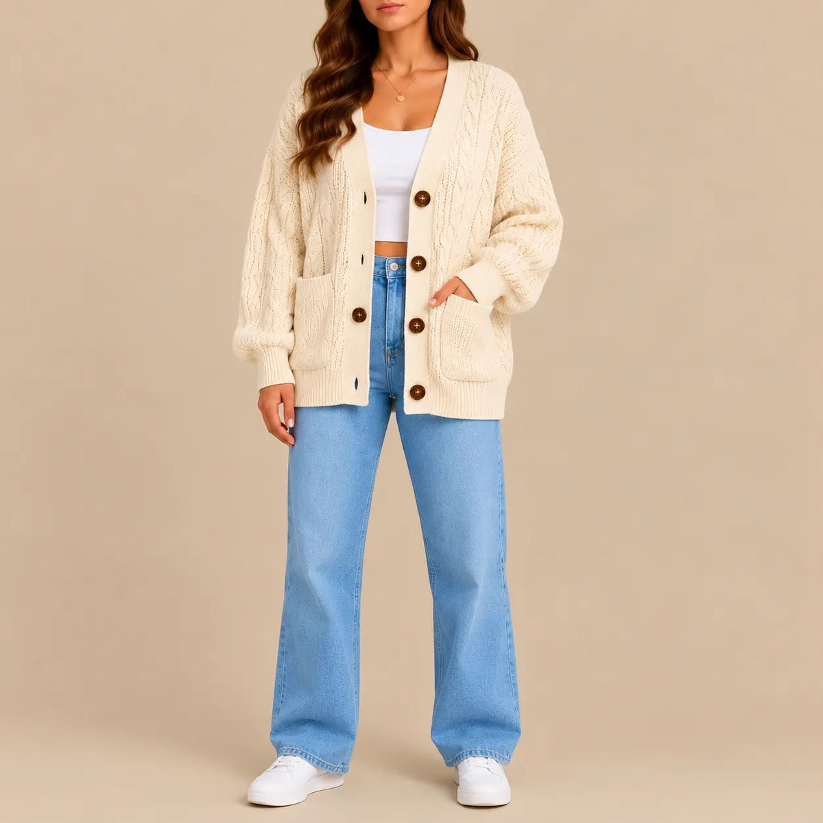 Women's Oversized V-Neck Cable Knit Cardigan with Buttons & Pockets – Cream