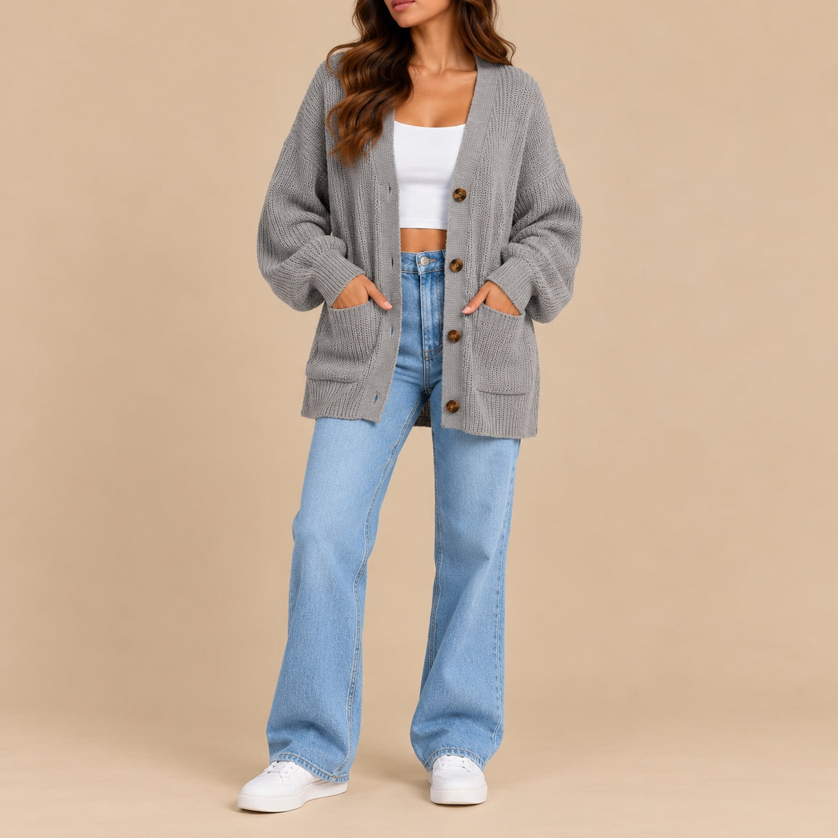Women's oversized textured knit cardigan in grey – full-length front view