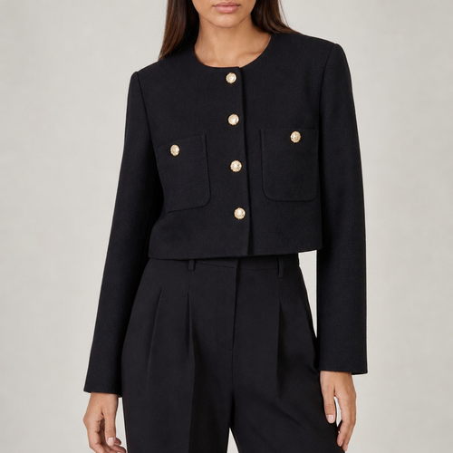 Women's cropped jacket with gold buttons and pocket detail in black – front view