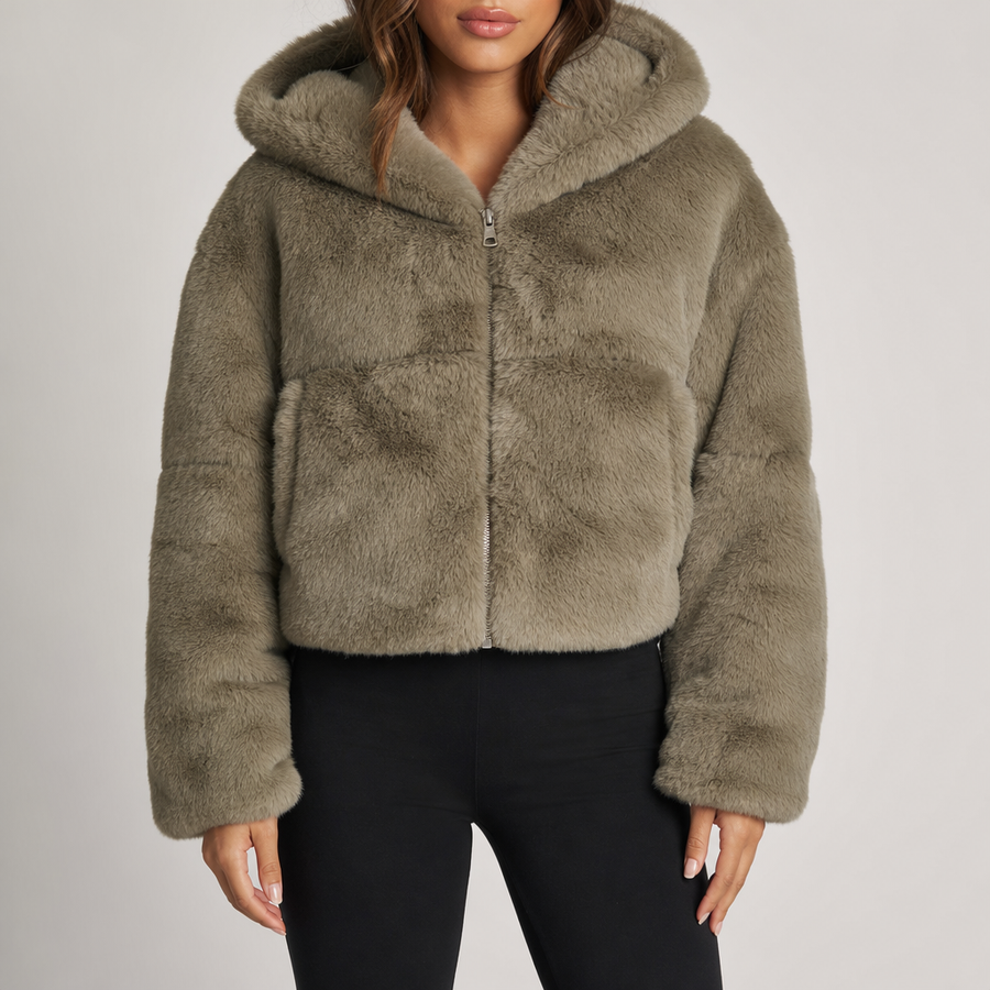 Women's cropped plush faux fur hooded jacket in khaki – front view