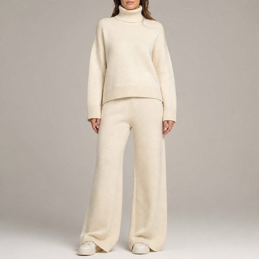 Women's knit co-ord set with roll-neck jumper and wide-leg trousers in cream – front view