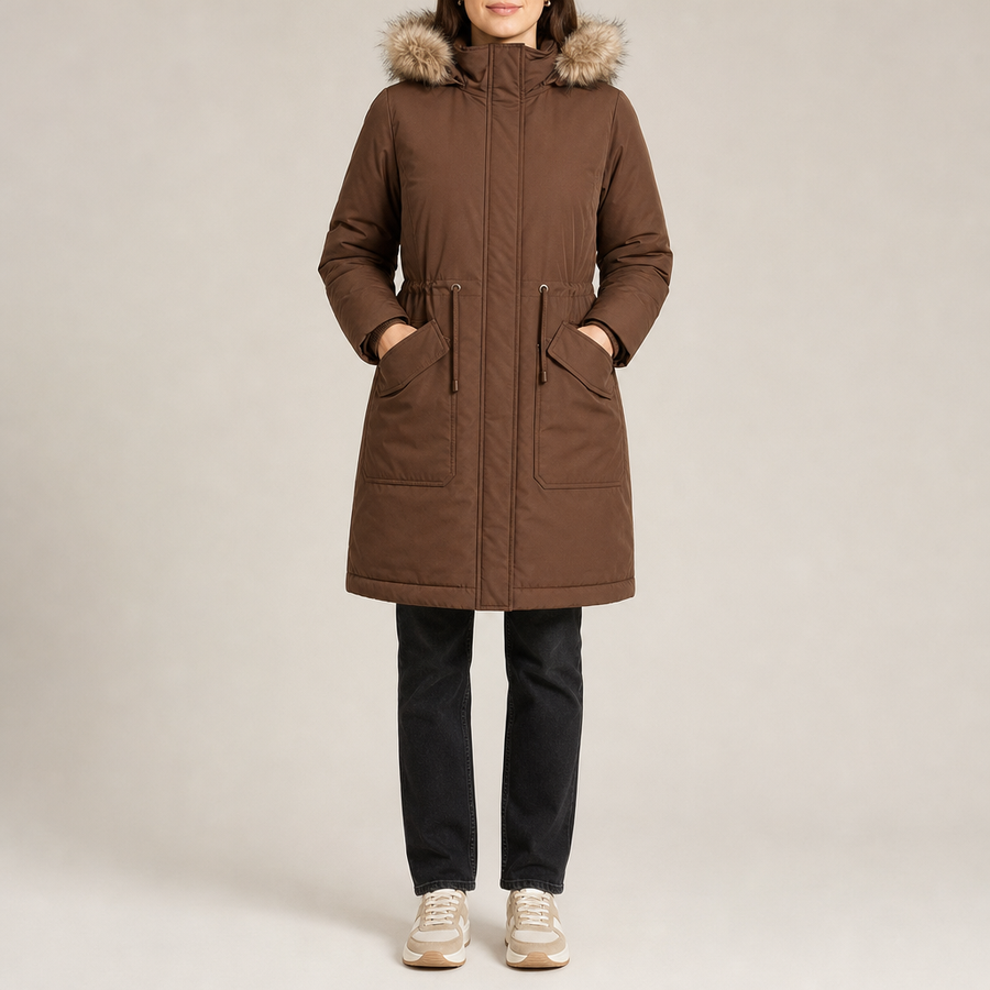 Women's loose-fit padded parka with faux fur trim hood in brown – front view