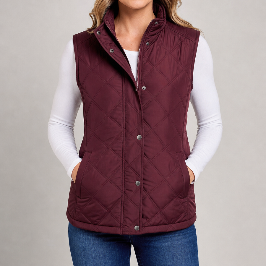 Women's quilted gilet with stand collar, zip and popper front in burgundy – front view