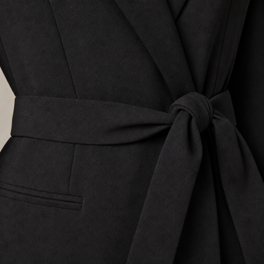 Women's tailored belted blazer with wide lapels in black – detail close-up